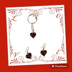 New Red Glitter Heart Dangle Drop Earrings & Matching Keychain Bundle